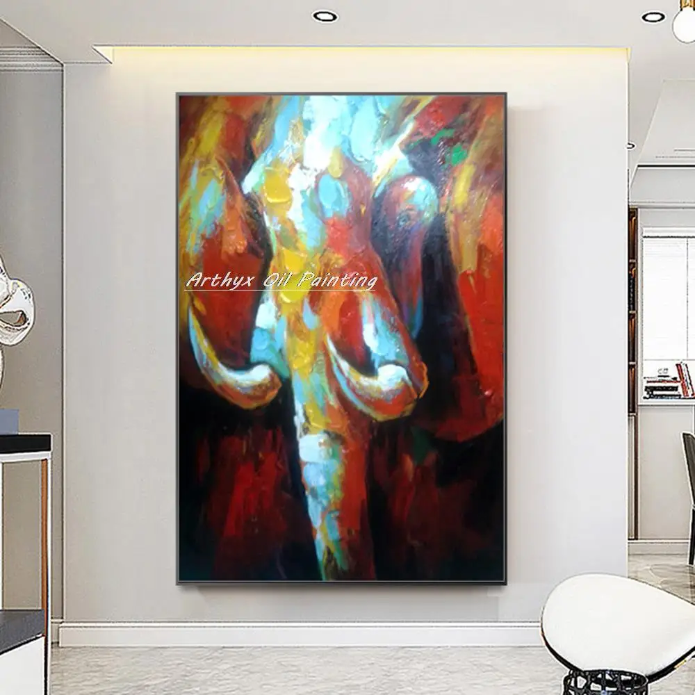 

Arthyx Decorative Art,Hand-Painted Elephant Animal Oil Painting On Canvas,Modern Abstract Wall Picture For Kids Room,Home Decor