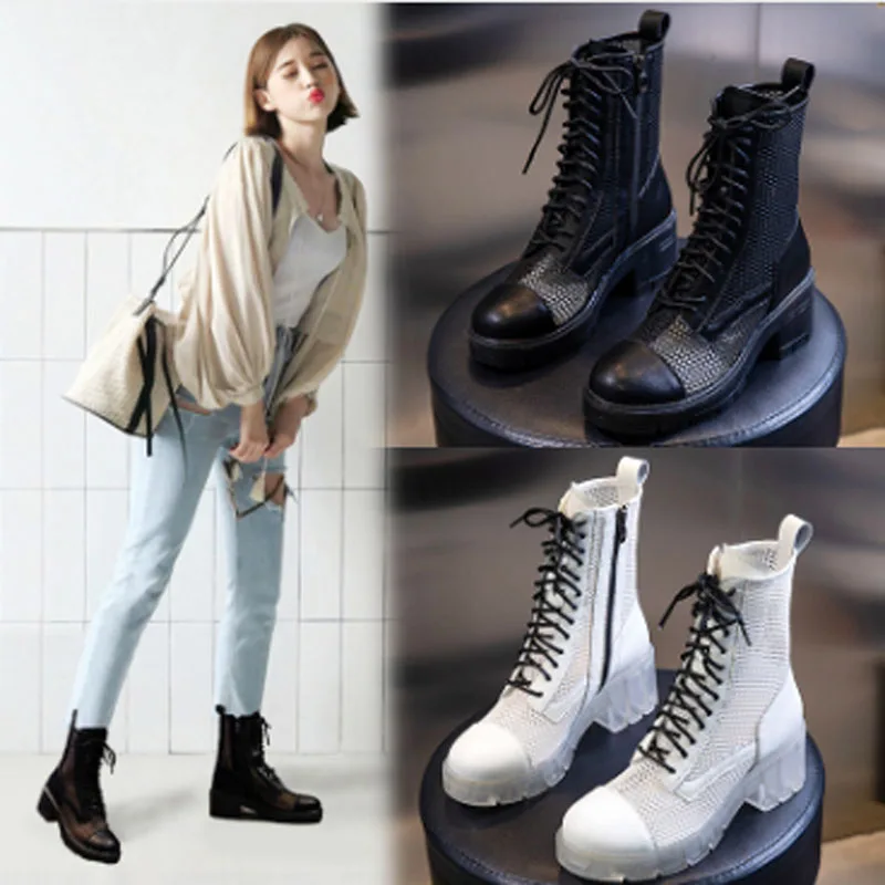 

Summer breathable leather Martin boots women 2020 new thick bottom mesh boots women's medium sleeve casual boots women's sandals