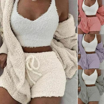 

Fluffy Hooded Long Sleeves Coat Open Front Teddy Shorts Vest Set for Women Winter EIG88