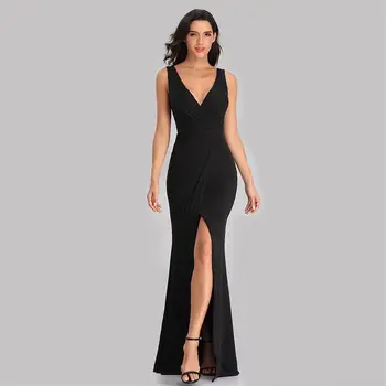 

Sexy Black Prom Dresses Double V Neck Side Split Sleeveless Mermaid Party Gowns For Women Cheap Robe