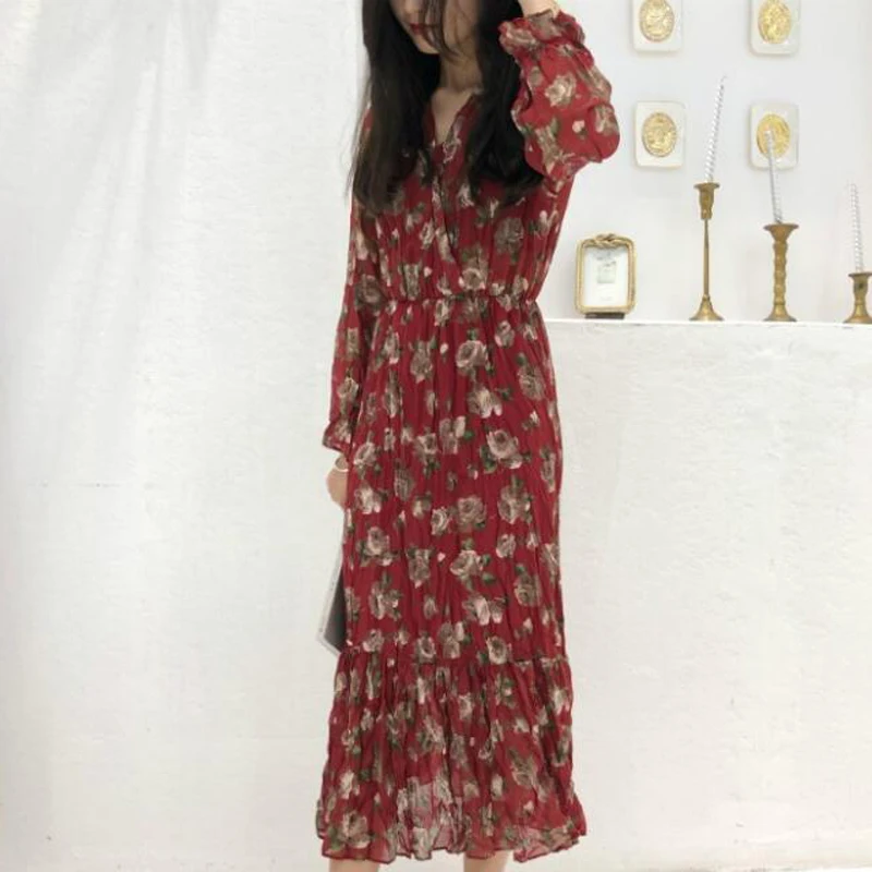 Tonglord 2020 Women Chiffon Dress V-neck Floral Print A-line Ruffles Female Party Dress Vintage Flare Sleeve Long Vestidos Femme