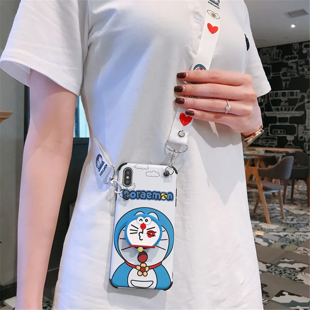 Maosenguoji для iphone 11 Pro Max милый мультяшный складной кронштейн Doraemon подвесная Веревка на шею мягкий чехол для мобильного телефона iphone 6 6s 7 7plus 8 8plus 10 X XR максимальный чехол XS