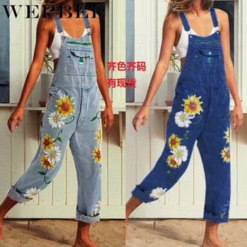 

Wepbel Women Plus Size Overalls Sunflower Printing Jeans Loose Full Length Denim Trousers Fashion Streetwear Pants M-5XL