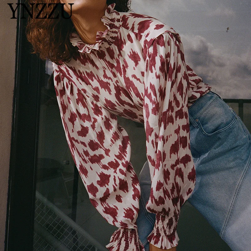 

Spring Elegant Women Leopard print blouse 2020 Ruffles long sleeve Chiffon Casual Tops Loose Fashion 2020 Autumn YNZZU YT789