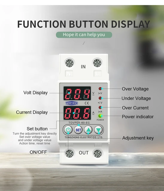 Din Rail Dual Display Adjustable Over Voltage Current and Under Voltage  Protective Device Protector Relay 40A 63A 80A 220V 230V
