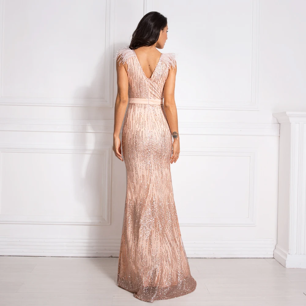 Сексуальное розовое платье макси с глубоким v-образным вырезом, без рукавов, с блестками, в стиле пэчворк, с перьями, с разрезом, вечернее платье