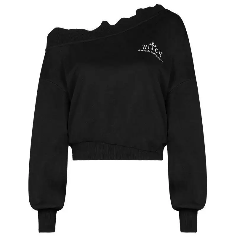 PUNK RAVE Girl's Gothic Black Sexy Off Shoulder Sweatshirt Halloween Witch Long Sleeved Punk T-shirts Women Tops