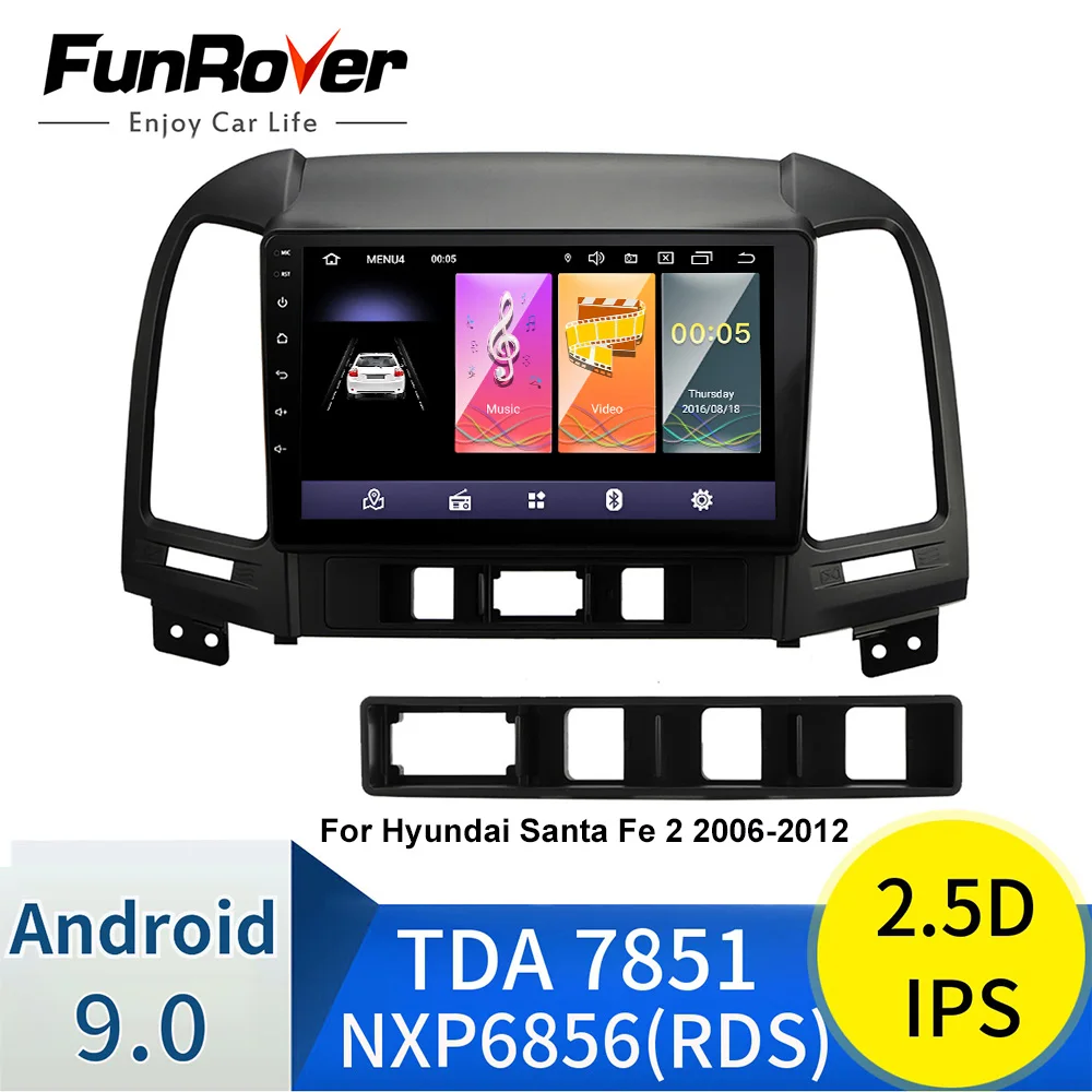 FUNROVER " Android 9,0 2din Автомагнитола для HYUNDAI SANTA FE 2006 2007 2008 2009 2010 2011 2012 gps стерео плеер головное устройство dvd 2.5D