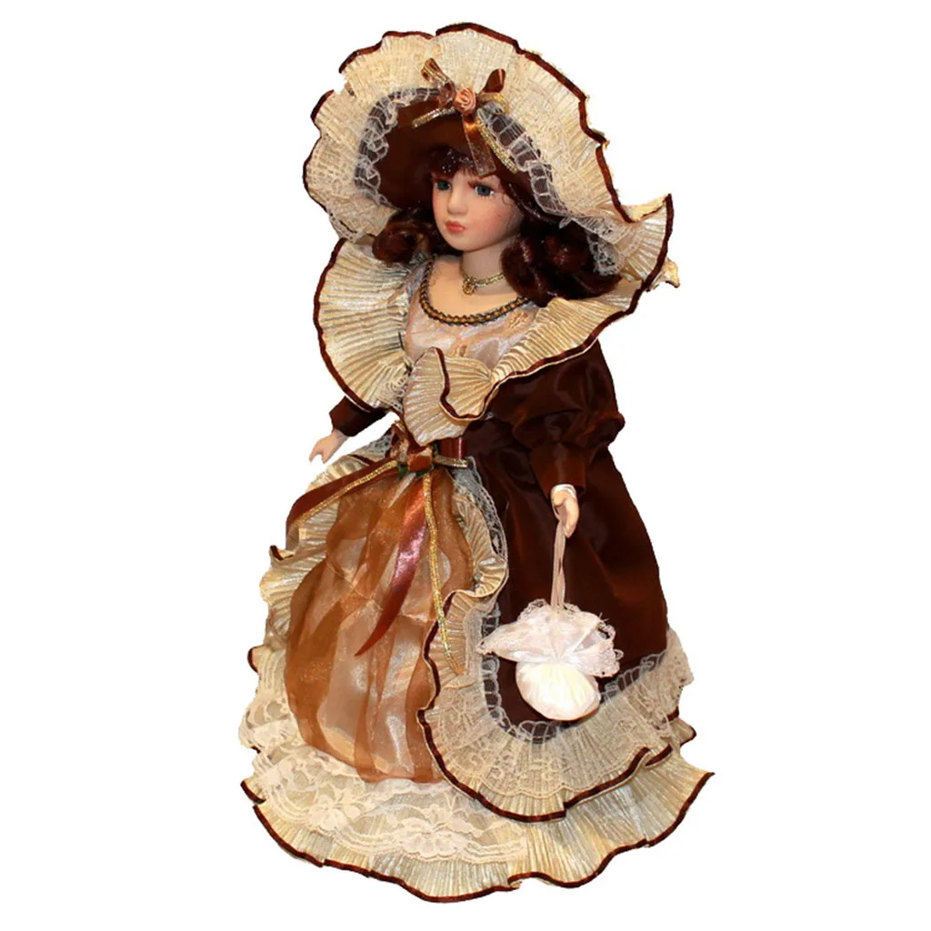 40cm Vintage Style Porcelain Dolls In Dress Hat With Display Stands