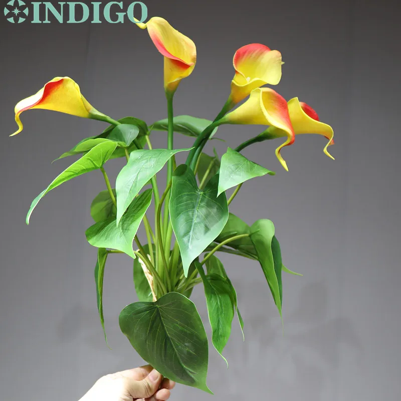 Букет Индиго Калла(18 шт. листьев+ 5 цветов) Калла Настоящее прикосновение(7 цветов) Свадебный дисплей цветок искусственный домашний цветок - Цвет: 1  Bouquet sunset
