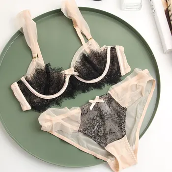 

HONVIEY Retro lingerie plus size Untra thin adjustable luxury mesh yarn eyelash lace gathered anti-sagging female sexy bra set