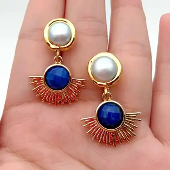 

2020 new fashion earrings White Freshwater Pearl Coin natural Blue stone Rising Sun Stud Earrings luxury party for women