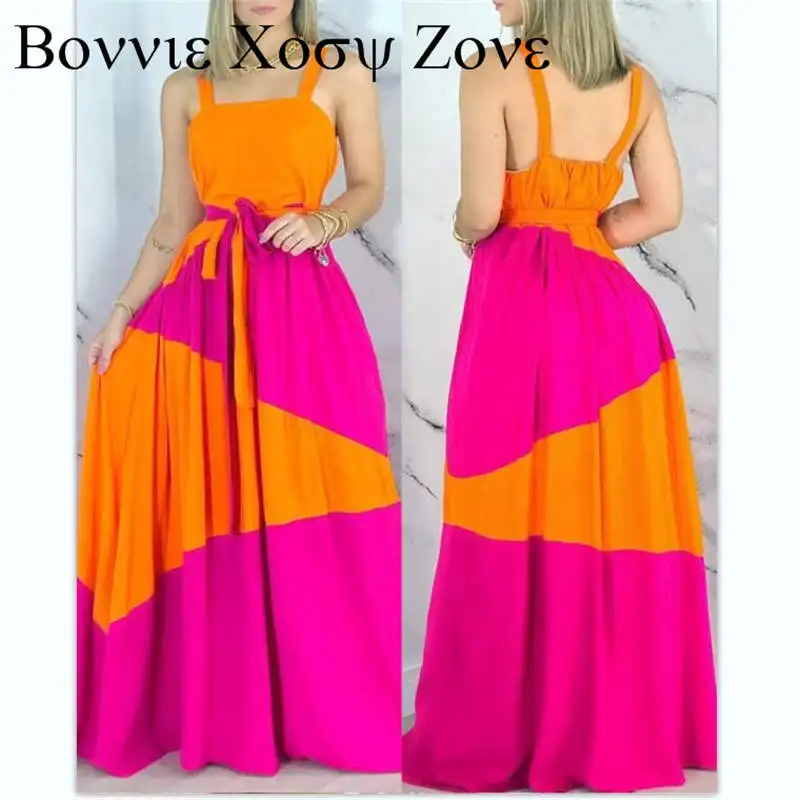 

Женское платье макси с квадратным вырезом и поясом, летнее ТРАПЕЦИЕВИДНОЕ платье без рукавов с цветными блоками, 2021