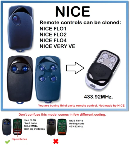 

NICE FLO1 FLO2 FLO4 VERY VE garage door remote control duplicator fixed code 433.92mhz