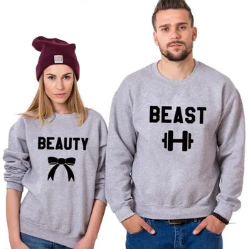

BEAUTY Bow AND BEAST Barbell Cartoon Sweatshirts for Lovers Funny Couple Unisex Husband Wife Family Match Hoodies Casual
