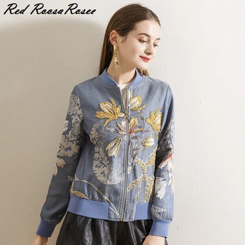 

Women Outwear New Autumn Spring O Neck Full Sleeve Beading Zipper Jacket Red RoosaRosee Designer