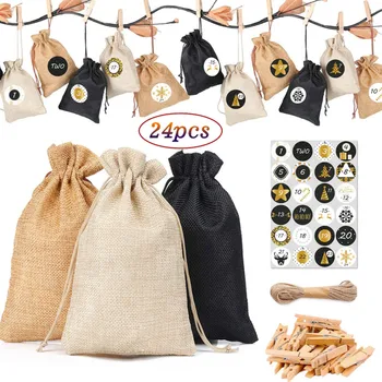 

40# 24pc Christmas Pattern Candy Bag Advent Calendar Bundle Cotton Linen Gift Bag Calendar Countdown Jute Bag 3color Diy Sticker