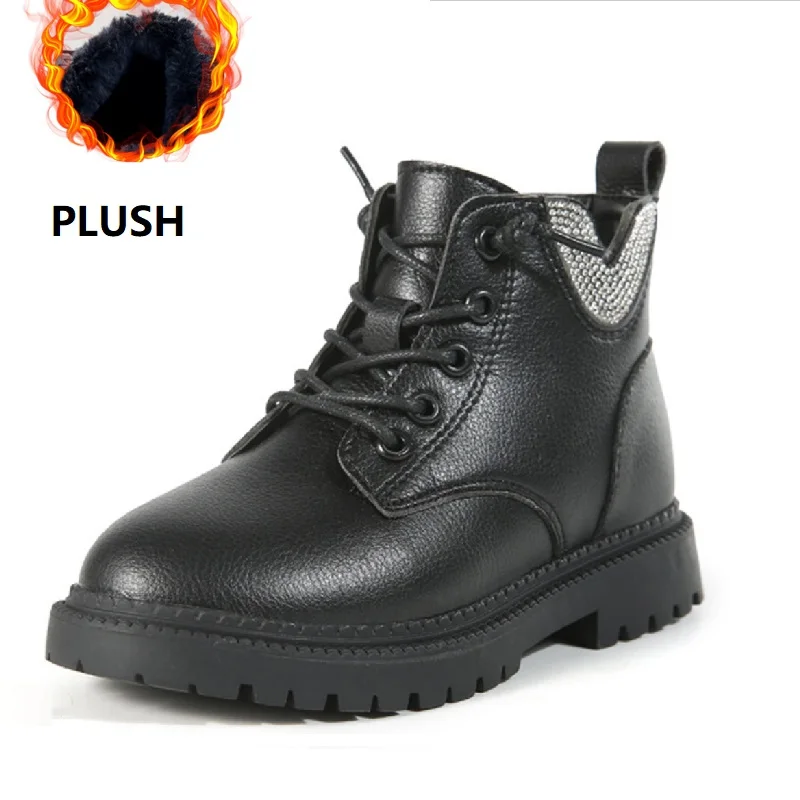 plush black Ботинки для девочек г. Новая осенне-зимняя модная обувь в британском стиле для девочек детские широкие черные плюшевые Нескользящие ботинки принцессы на молнии обувь для больших девочек - Цвет: plush black