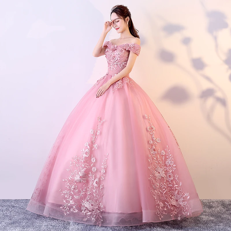 Пышные розовые платья Quinceanera платье с открытыми плечами кружевная Апликация и фуршетов великолепные Выпускной официальная Вечеринка платье сладкий 16 платье для 15 лет