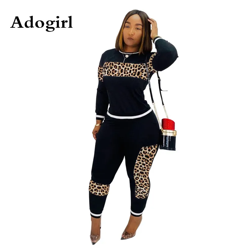 

Adogirl Leopard Patchwork Two Pieces Suit Long Sleeve Pullover Tops Sweatshirt +Long Pants Outfits Streetwear Sporty Tracksuit