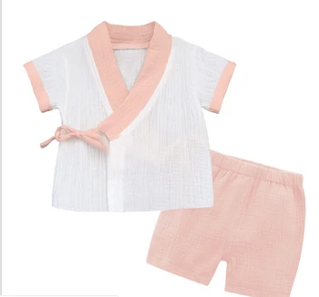 

Two-piece Set Children Pajama Set Unisex Clothes Short Sleeve Top Solid Color Lace-up Tops and Solid Color Elastic Shorts Sets