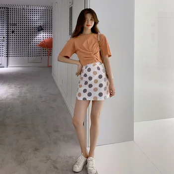 

New arrived summer fashion women short sleeve cotton tops and dot printing sexy mini skirt two pieces set sweet streewear feamle