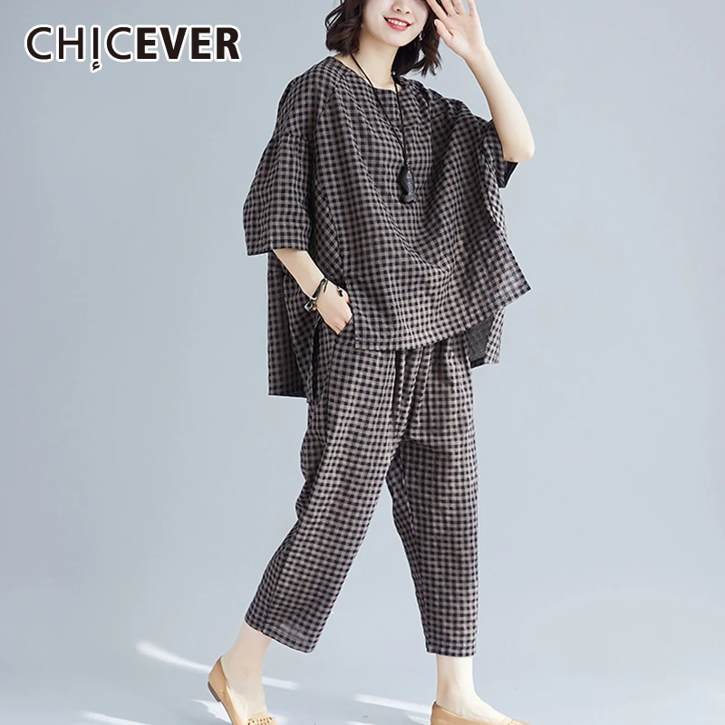 Женский клетчатый костюм CHICEVER комплект из двух предметов Асимметричная футболка