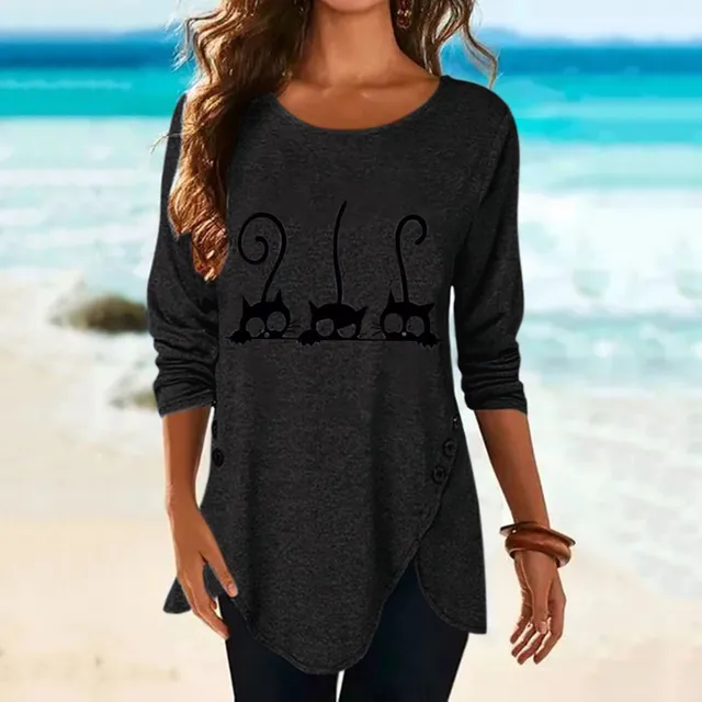 40#Sexy Shirts Spring Summer Round Neck Long Sleeve Cute Cat Print Fashion Women's Blouses Casual Loose Large Size Women's Dress 4