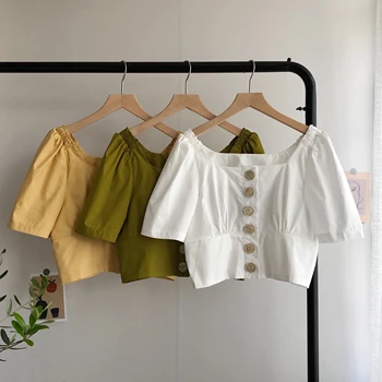 

square collar solid button women shirts 2020 summer new short-sleeved short high waist sexy beach holiday style outwear tops