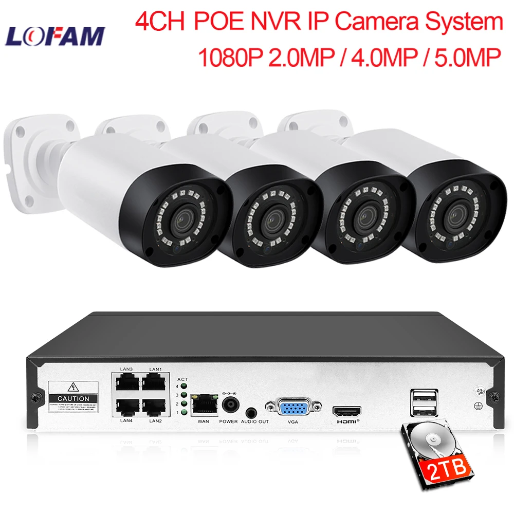 

LOFAM 2.0MP 4.0MP 5.0MP 4CH POE NVR Kit 1080P H.265 Outdoor Waterproof Day Night PoE IP CCTV Surveillance Security Camera System