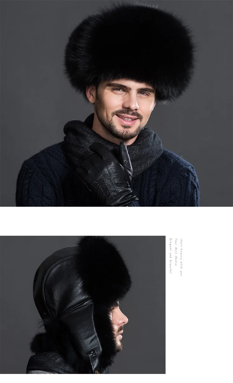 Real Vossenfur Bomber Hats Men natural Fox Fur Russian Ushanka Hats Winter Fat Hot Oren Fashion Real Vos Bont Bomber Cap