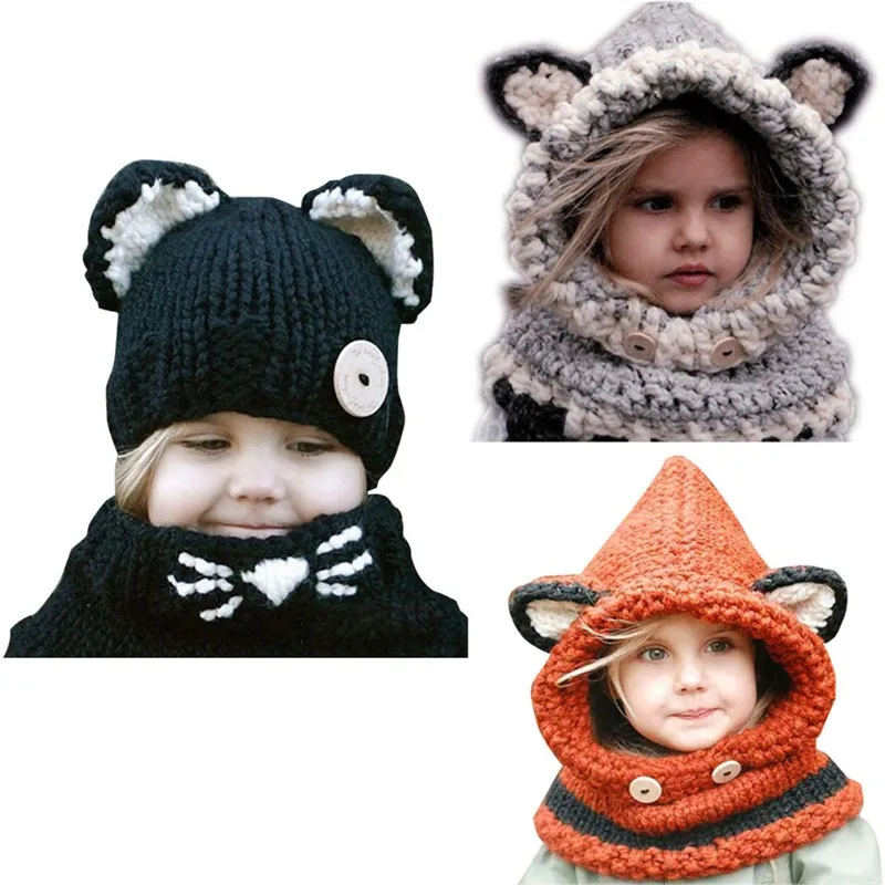 Kawaii/Детские трикотажные шапки с кошачьими ушками и шарфом; зимние ветрозащитные теплые шапочки для мальчиков и девочек; шапочки для детей