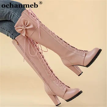

Big Plus Size 48 Women Knee High Boots Lace up Zipper Shoes Woman Candy Color Cross Tie Long Boots Pink White Shoes Lady Female