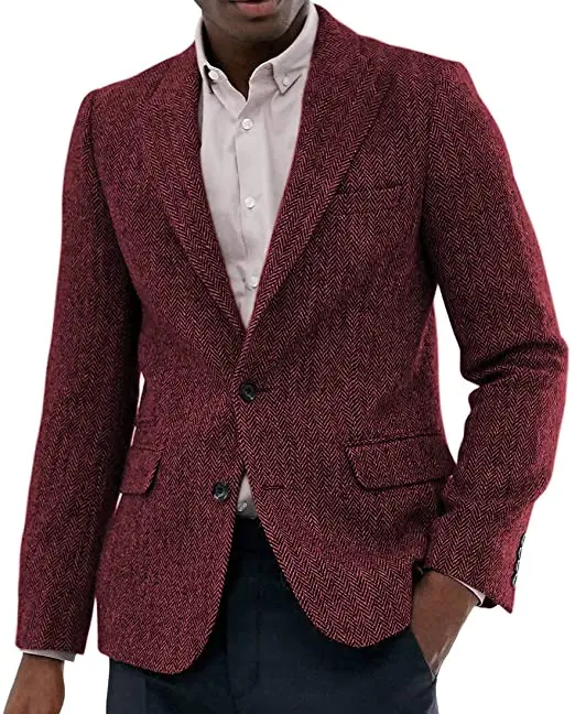Men's Suit Tweed Jacket Wool Herringbone Waistcoat