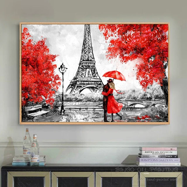 Pittura acrilica dell'amante del paesaggio di parigi della pittura a olio  dell'ombrello rosso della torre di parigi del paesaggio astratto dipinto a  mano puro - AliExpress