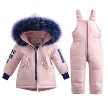 Пуховые куртки для маленьких детей, штаны Детские утепленные пуховые комплекты из 2 предметов пуховая одежда с капюшоном и большим мехом для маленьких девочек-25 градусов
