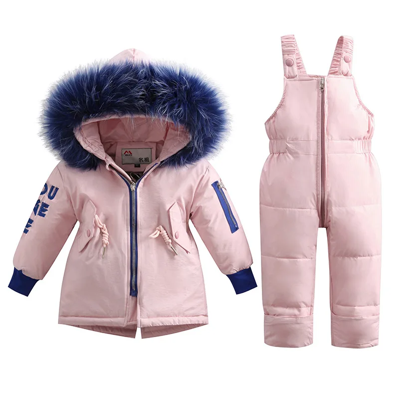 

Baby Kids Down Jackets Pants Baby Thickening Warm Duck Down 2 Suits Baby Girls Big Fur Hooded Down Clothes -25 Degrees