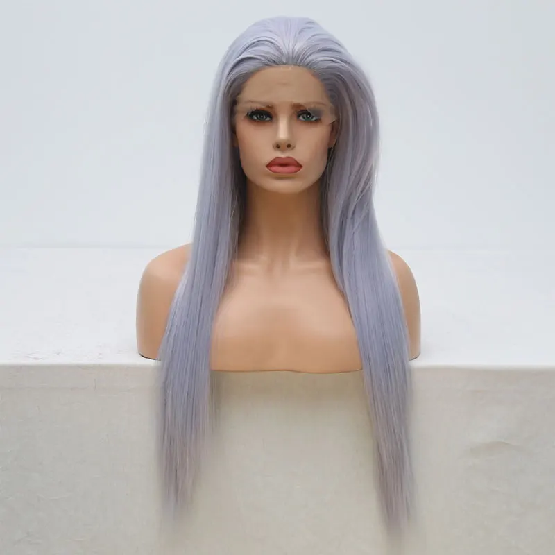 BM Straight Synthetic 13*4 Lace Front Wig Light Blue Grey Heat Resistant Fiber Hair Natural Hairline Free Parting For Women Wigs