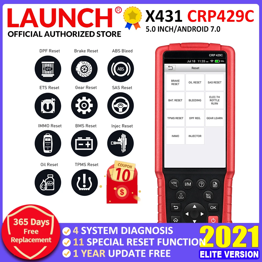 LAUNCH CRP429C OBD2 Scanner ABS SRS TCM ENG Code Reader Oil Reset TPMS Reset ABS IMMO EPB BMS