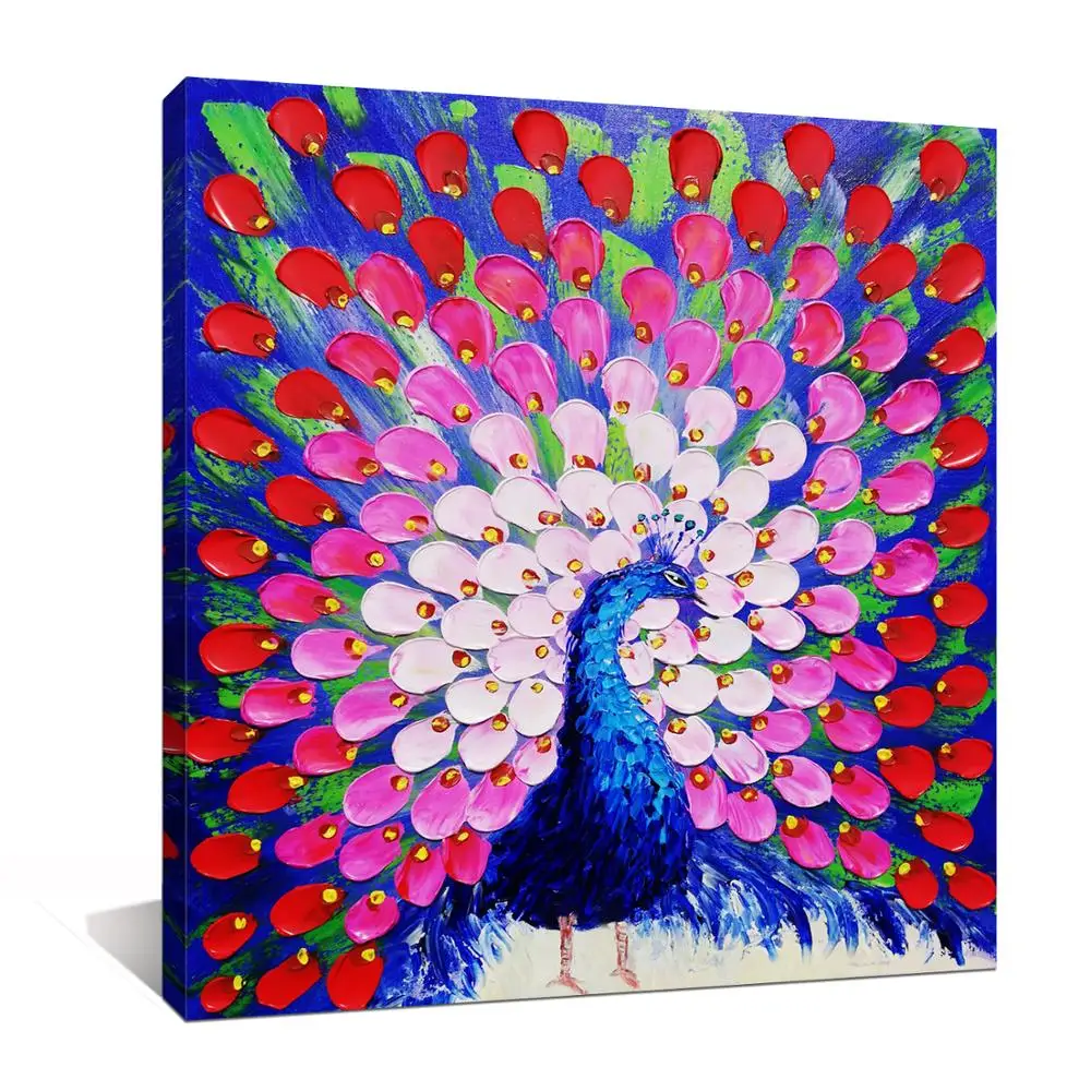 

Hand Painted Oil Painting Canvas Animal Peacock Picture Modern 3D Palette Knife Wall Art Living Room Decoration