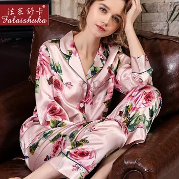 

Falaishuka Real Silk Pajamas Women's Spring and Autumn Silkworm Silk Long Sleeve Two-Piece Set Split Type-Outer Wear Summer T818