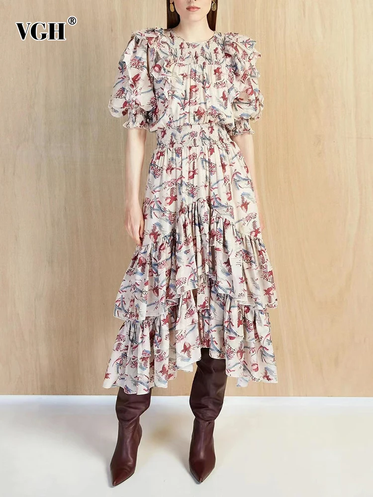 

VGH Irregular Hem Dress For Women Round Neck Short Sleeve High Waist Fold Pleated Midi Dresses Female Clothing 2021 Style New