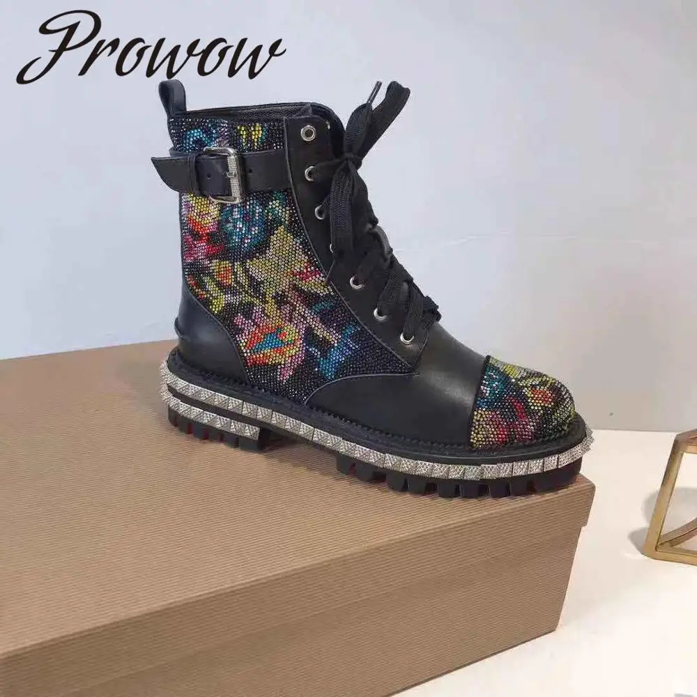 Prowow/Новинка; качественные цветные Кристаллы из натуральной кожи; ботильоны с цветочным принтом; женские ботинки на низком каблуке со шнуровкой и пряжкой - Color: AS PIC