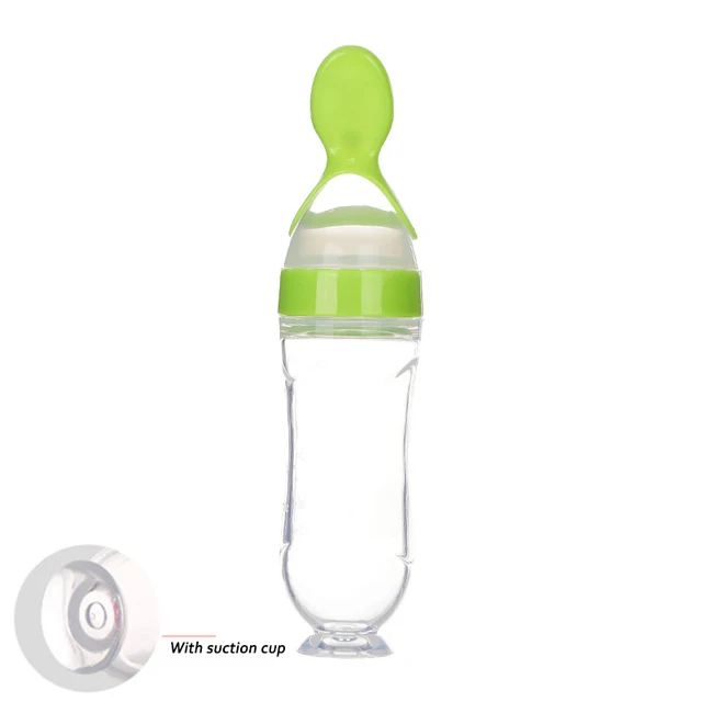 90ML Safe Newborn Baby Feeding Bottle Toddler Silicone Squeeze Feeding Spoon Milk Bottle Baby Training Feeder Food Supplement Green With suction
