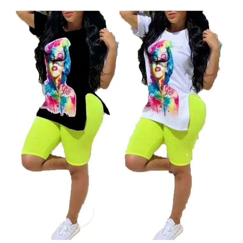 

06BF049 Latest design 2020 Summer Sexy print fashion sportswear 2 Pcs Track Suit Outfits Two Piece Shorts Set Women Clothing