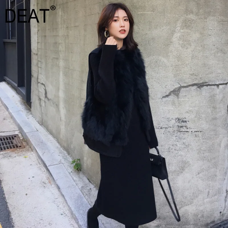 [DEAT] Зимний тонкий теплый женский жилет из искусственного лисьего меха без рукавов с круглым воротником для отдыха AT163
