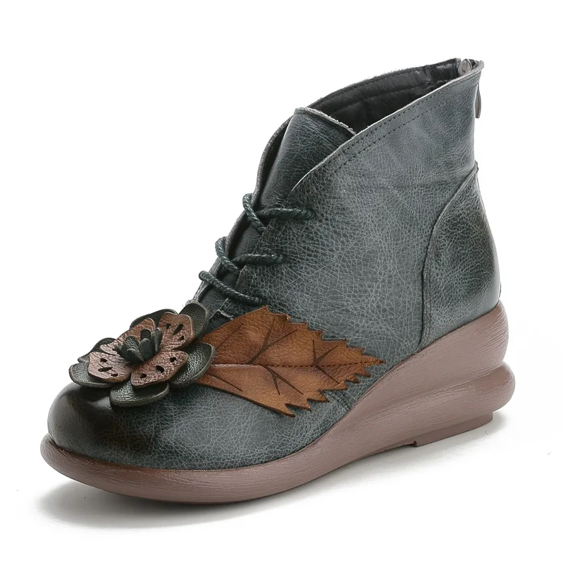 Г., новые женские ботильоны из натуральной кожи зимняя женская обувь в стиле ретро с цветком, винтажная Уличная обувь на танкетке - Цвет: Fur Lined Blue