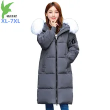 2019 más tamaño XL-7XL mujeres invierno Parkas abajo Chaqueta de algodón Cuello de piel con capucha grueso largo chaqueta acolchada de algodón grande tamaño 2915(China)