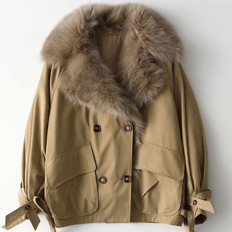 

Winter Fashion Real rabbitd Coats For Women long wool Jacket khaki Natural fox Fur collar casual loose overCoat Female luxury