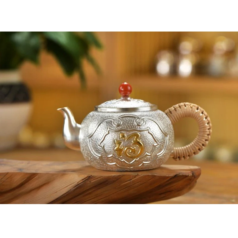 

Silver pot 999 sterling silver handmade tea set Japanese retro teapot kettle home tea ceremony Kungfu tea set 200ml